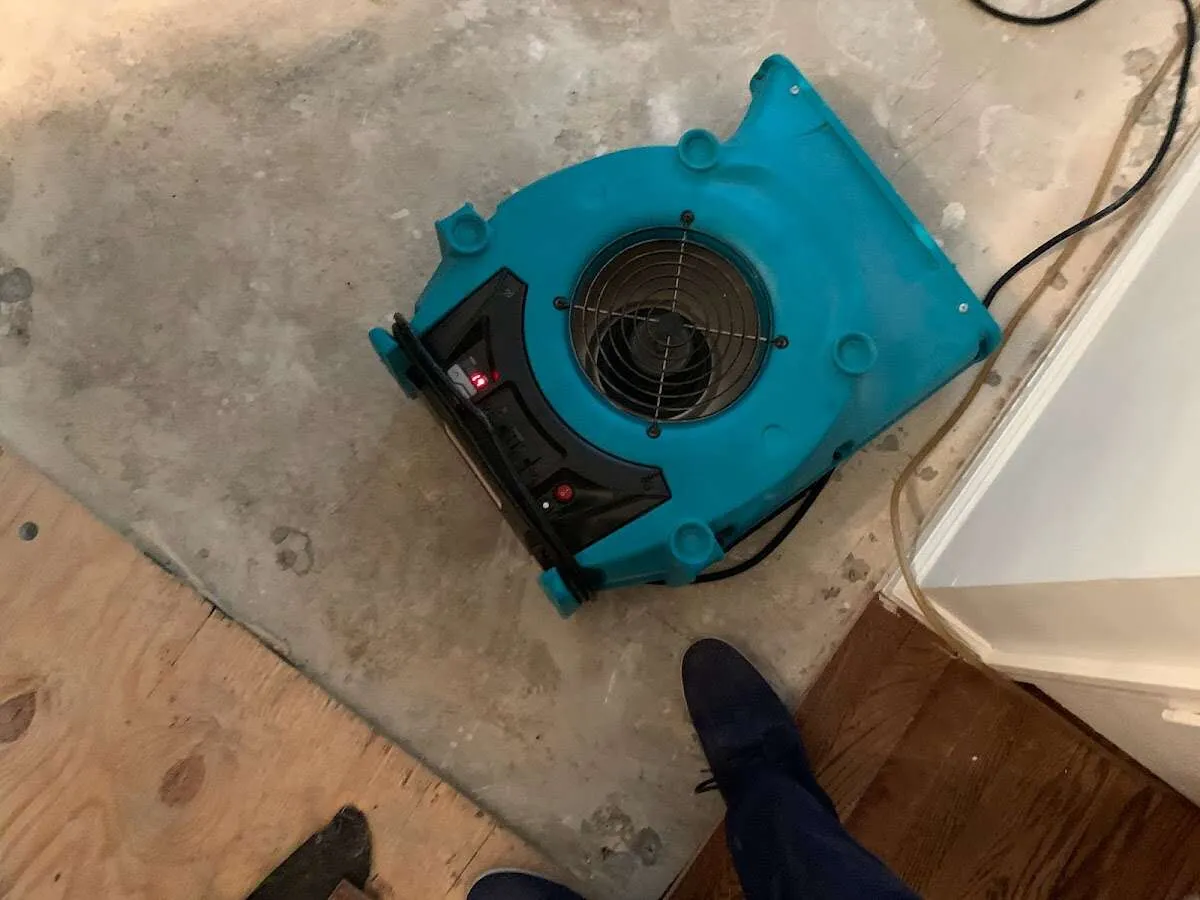 Air mover drying subfloor during Leak Detection & Repair in Canyon Lake